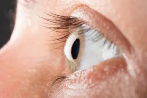A close-up view of a human eye with long eyelashes and a slightly blurry view of the eye itself