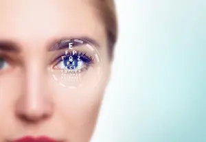 Image of a woman's eye with an eyeglass prescription overlay