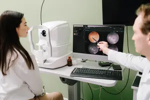 A woman is undergoing an eye exam by a doctor in a medical setting.