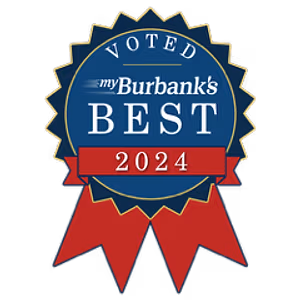 MyBurbank's Best 2024 logo with a blue circle, gold border, and red ribbon on a black background.