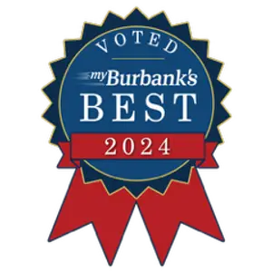 MyBurbank's Best 2024 logo with a blue circle, gold border, and red ribbon on a black background.