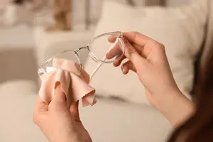 A person holding a pair of glasses and a cloth in their hand.