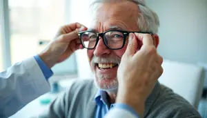 A person wearing a lab coat is adjusting glasses on an elderly man's face.