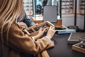 A woman and a man are standing in a store and the woman is holding a box of glasses and a pen and looking at them.