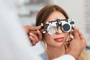 A woman in a white coat is adjusting the lenses of a pair of eyeglasses on a woman's face in a clinic.