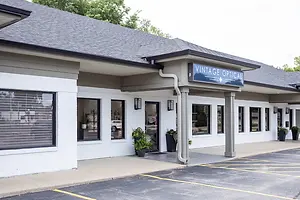 Vintage Optical storefront with a gray roof and large windows, a blue sign with the name and logo, and plants in black pots on the sidewalk.