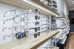 An array of different glasses frames and sunglasses displayed on wooden shelves in a retail setting.