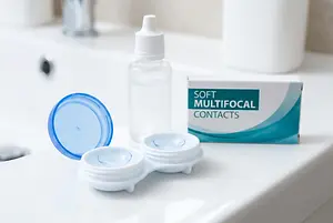 Soft multifocal contact lenses in a container, solution, and a lens case on a bathroom sink