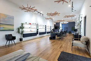 Interior of a modern office space featuring a wooden desk, chairs, and a large potted plant, with decorative wooden light fixtures on the ceiling.