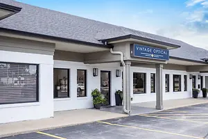 Vintage Optical, an optical store located in a city, has a modern and minimalist design with glass windows, gray walls, and gray roofs. It has several potted plants in front of the glass windows, and a blue sign with the text Vintage Optical on top. The parking area has a yellow line on the road, and a car is parked on the side of the road.