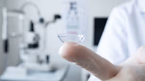 A close up of a finger holding a contact lens in front of a blurry eye chart.