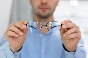 A man in a blue shirt is adjusting his glasses.