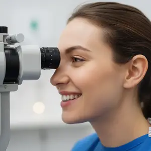 A smiling woman with brown hair wearing a blue shirt is having her eyes examined