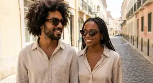 A man and a woman wearing sunglasses are standing in the street, smiling at the camera.
