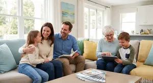 family sitting on couch reading and using a tablet