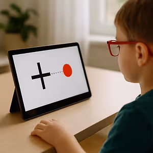 A young boy wearing glasses is sitting at a desk in front of a tablet displaying a red circle and a cross sign. Behind him is a potted plant and a window with white curtains.