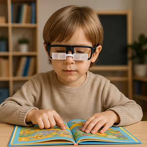A young boy wearing glasses is sitting on a chair in front of a table, reading a book.