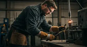 A man in a workshop working on a machine with a glowing tip