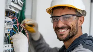 An electrician is smiling and working on a power board with various wires connected
