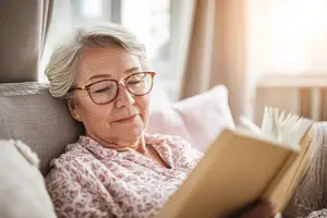 An elderly woman is sitting on a couch reading a book with glasses on her face.