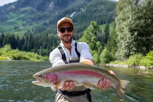 Man in white shirt and hat holding a fish with mountains in the background