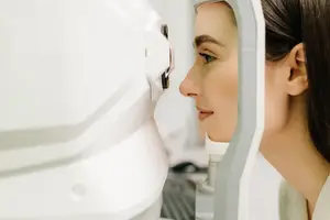 A woman with brown hair is looking into a white machine, possibly a machine used for eye examination