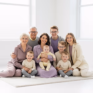 A family sitting together on a rug in a room with white walls, smiling for a photo.