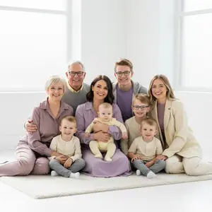 A family sitting together on a rug in a room with white walls, smiling for a photo.