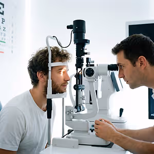 A man wearing a white shirt and a headband is looking through an eye exam machine while a man in a white shirt is looking at him in a clinic