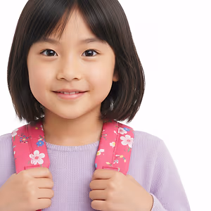 A young girl with short black hair wearing a pink floral backpack and a purple sweater.