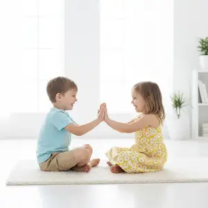 A boy and girl playing a game of hand clapping on a rug in a room