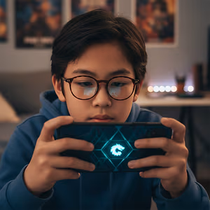 A young boy wearing glasses is playing a game on his phone