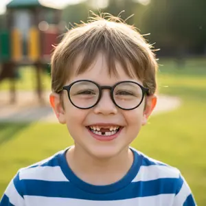 A young boy with glasses and a missing front tooth is smiling in a park.