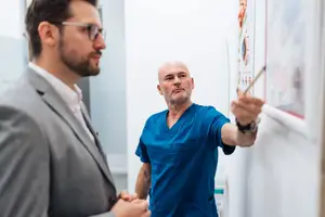 A doctor is showing a patient information on a wall in a clinic.