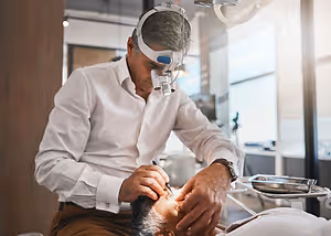 A man in a white shirt and brown pants is examining a patient's eye in a dental clinic with a pen in his right hand and a mask on his head.