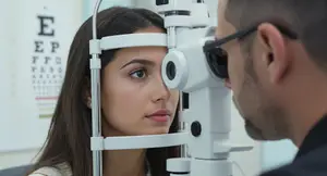 A woman is having her eyes examined by a doctor using a medical instrument in a clinic