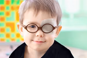 A young boy with an eye patch wearing brown-framed glasses, smiling in a classroom