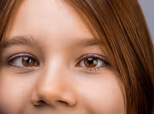Close up of a smiling young girl with brown eyes and brown hair