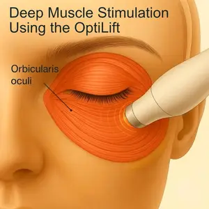 An illustration showing deep muscle stimulation using the OptiLift device targeting the orbicularis oculi muscle around the eye.