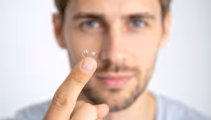 Close-up of a man holding a contact lens with a light background