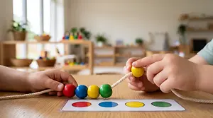 Two children are playing with a colorful bead maze on a table in a room with wooden furniture and plants.