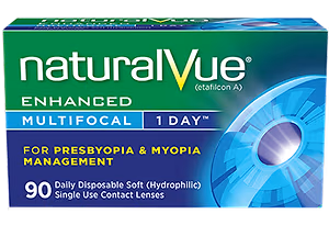 A box of NaturalVue Enhanced Multifocal 1 Day contact lenses for presbyopia and myopia management.