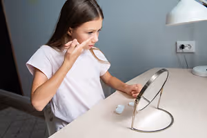A young girl is sitting at a table, holding her face with one hand and looking at her reflection in a mirror. She has a serious expression, and her other hand is on the side of the mirror. A lamp is on the wall behind her, and a power outlet is on the wall to the right.