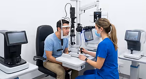A man having his eyes examined by a woman in a clinic