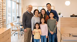 A family stands in an optometrist's office with their doctor