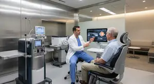 A doctor explains the results of an eye exam to a patient sitting in an exam chair.