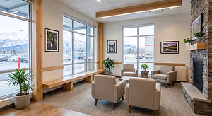 A waiting room with wooden benches, chairs, and a fireplace. Potted plants are scattered around, and framed pictures adorn the walls. Outside the window, a snowy landscape with mountains and parked cars is visible.