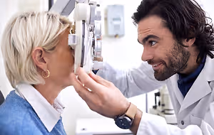 A man doctor is checking the eye of a woman sitting in front of him in a clinic.