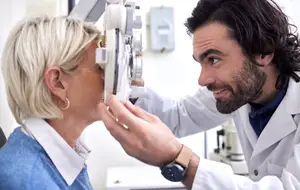 A man doctor is checking the eye of a woman sitting in front of him in a clinic.