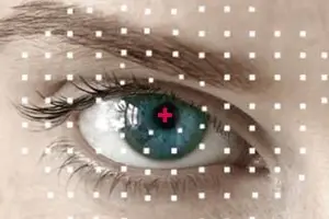 An illustration of an eye with red cross in it with white dots around it